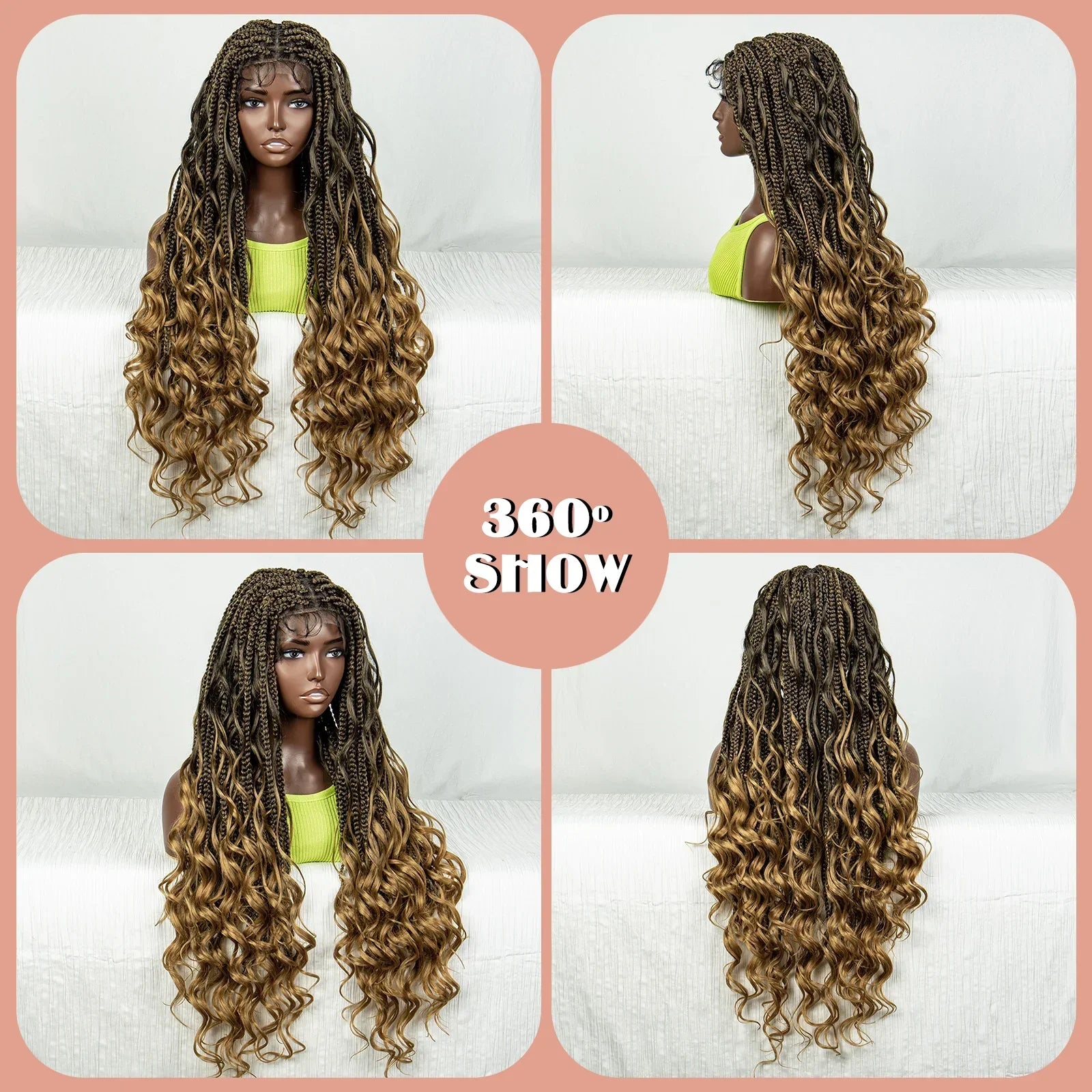 34" Ombre Curly Braids Wig | 1B/27 | Deep Wave | Full Lace | Baby Hair