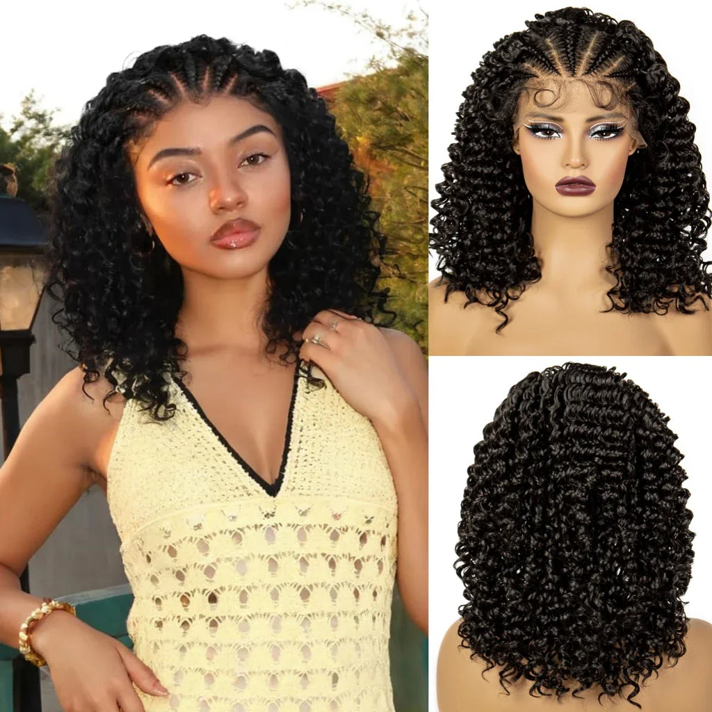 16" Curly Synthetic Lace Front Braided Wig | 13x4 Transparent Short Braids with Baby Hair