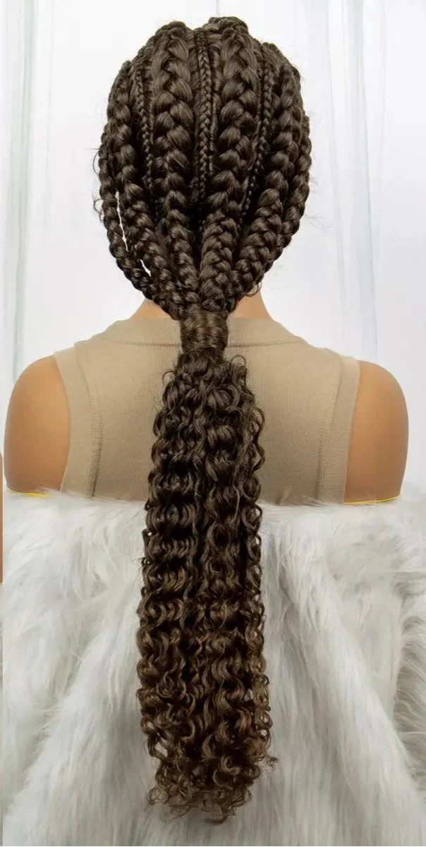 28" Burgundy Knotless Braids Wig with Curly Ends | Lace Front | Baby Hair