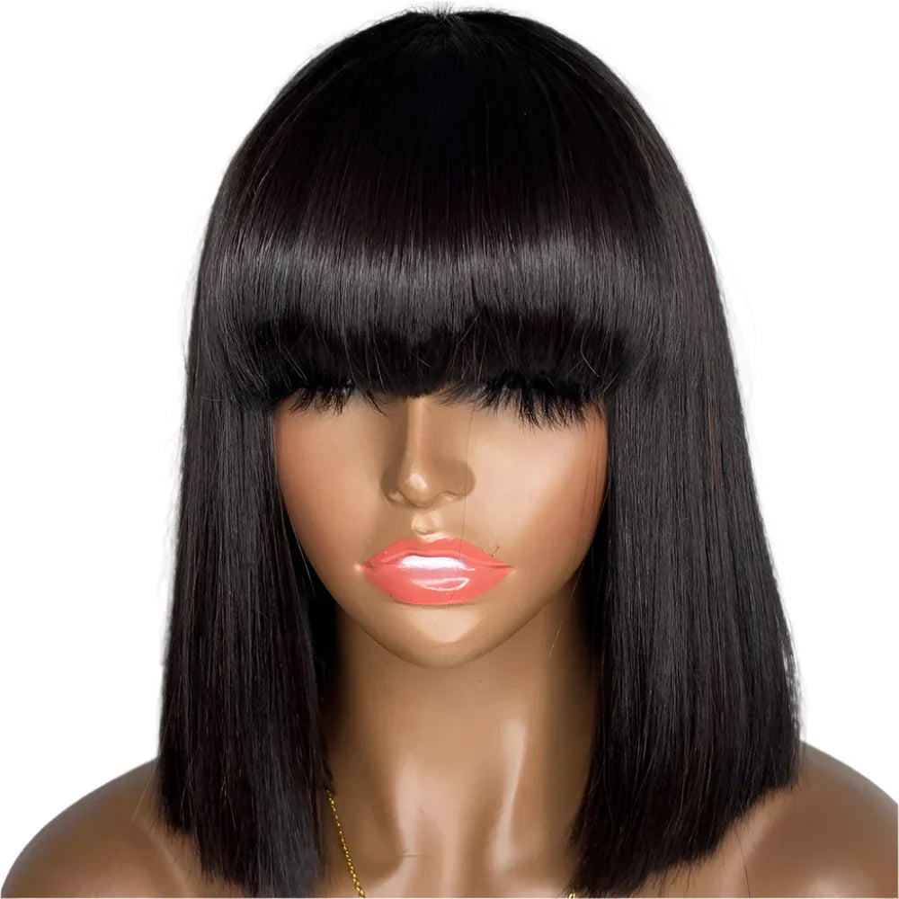 180% Density Straight Bob Wig with Bangs | Full Machine Made | Brazilian Virgin Hair | Natural Black