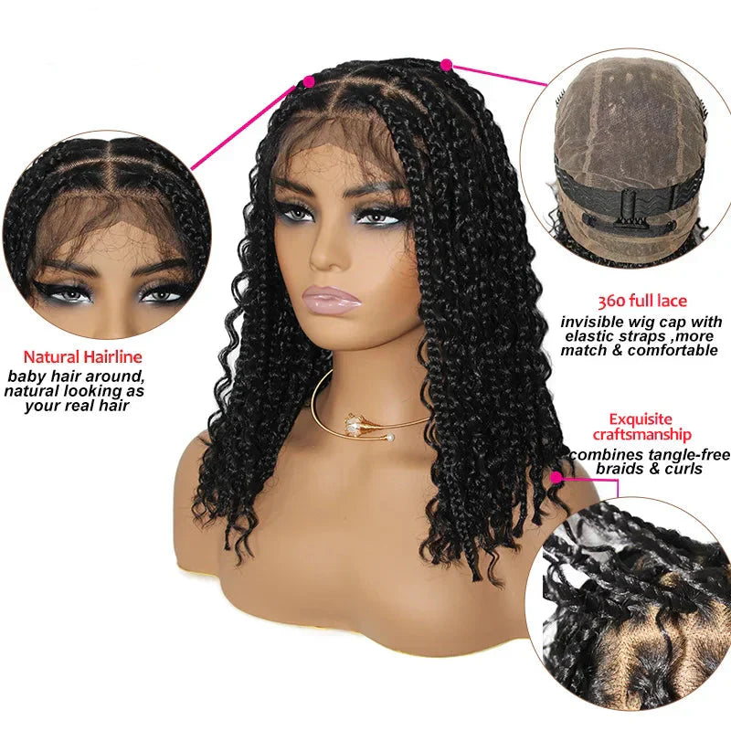 12" Boho Braided Bob Wig | 360 Lace Braided Wig | Knotless Braids | Curly Goddess Box Braid Wig