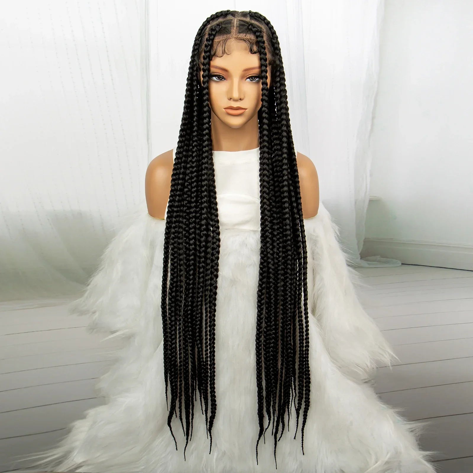 34" Knotless Box Braids Full Lace Wig | Transparent Lace | Long Black Synthetic Braids | Black Women