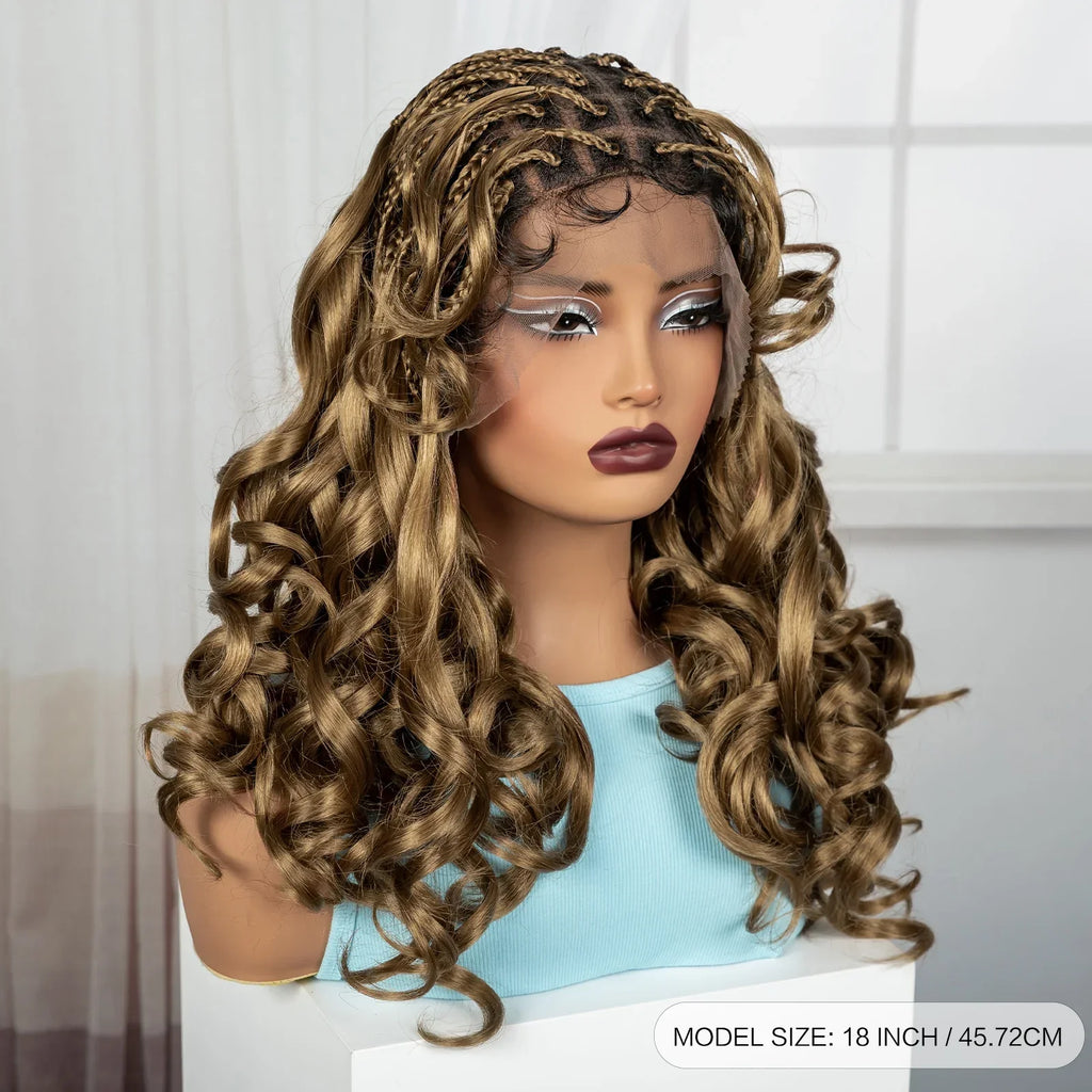 18" Bouncy Wavy Knotless Braids Wig | Full Lace | Bangs | Baby Hair