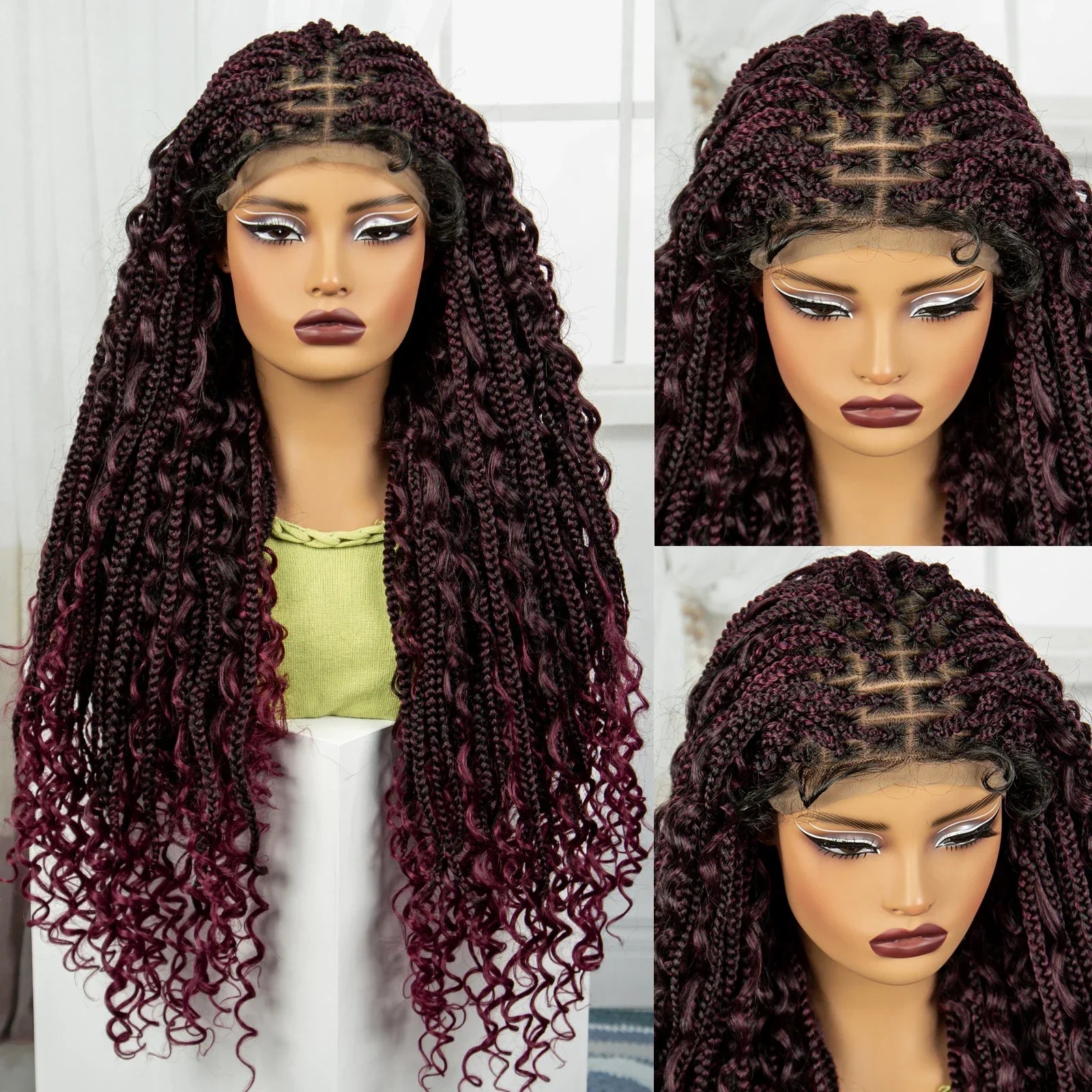 36" Knotless Box Braids Wig | Bohemian Style | Curly Ends | Lace Front | With Baby Hair | For Black Women