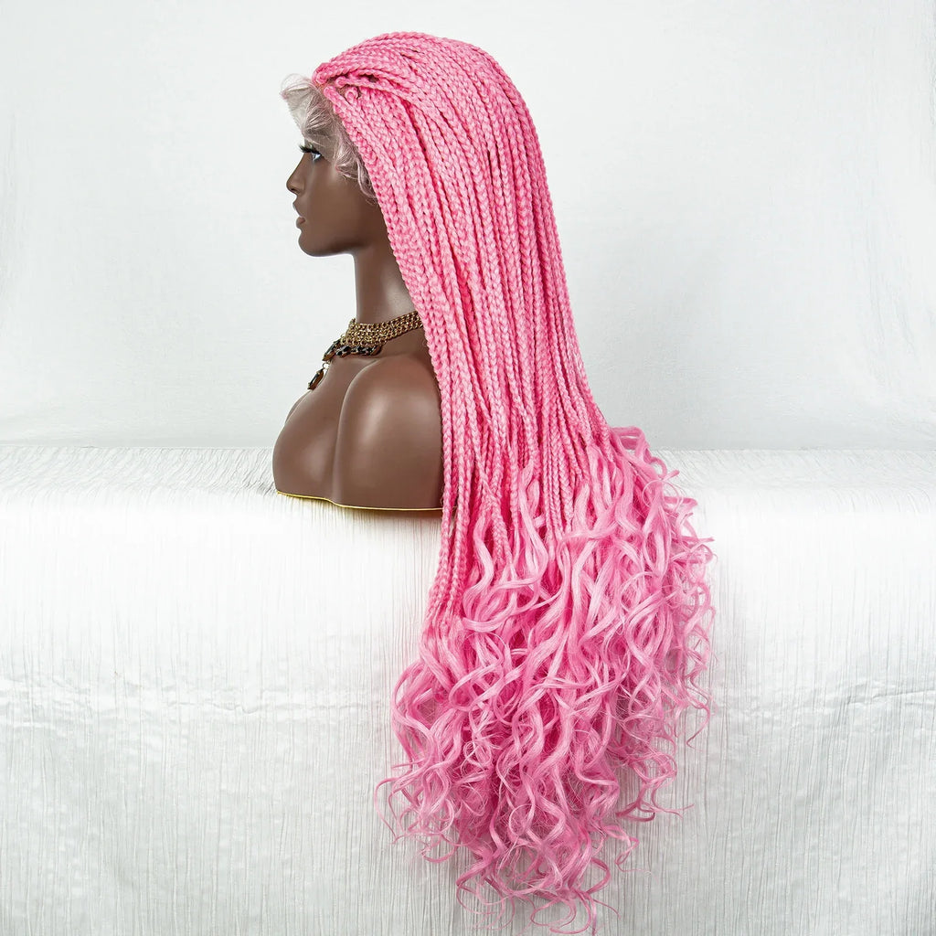 36" Pink & 613 Blonde Braided Wig | Water Wave Ends | Lace Front | Baby Hair