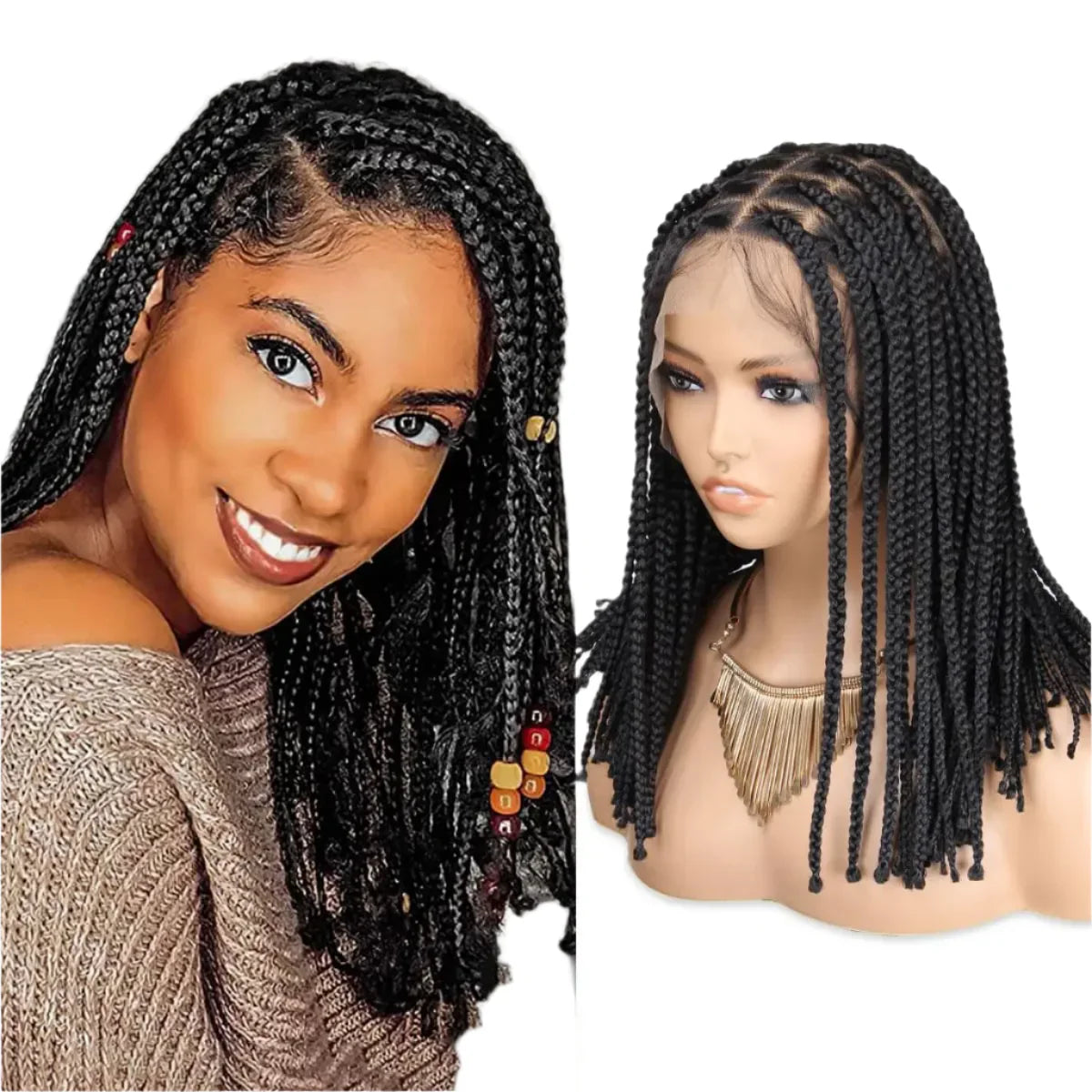 14" Knotless Box Braids Wig | Full Lace | Glueless | Medium Braids | Piano Color | Black Women