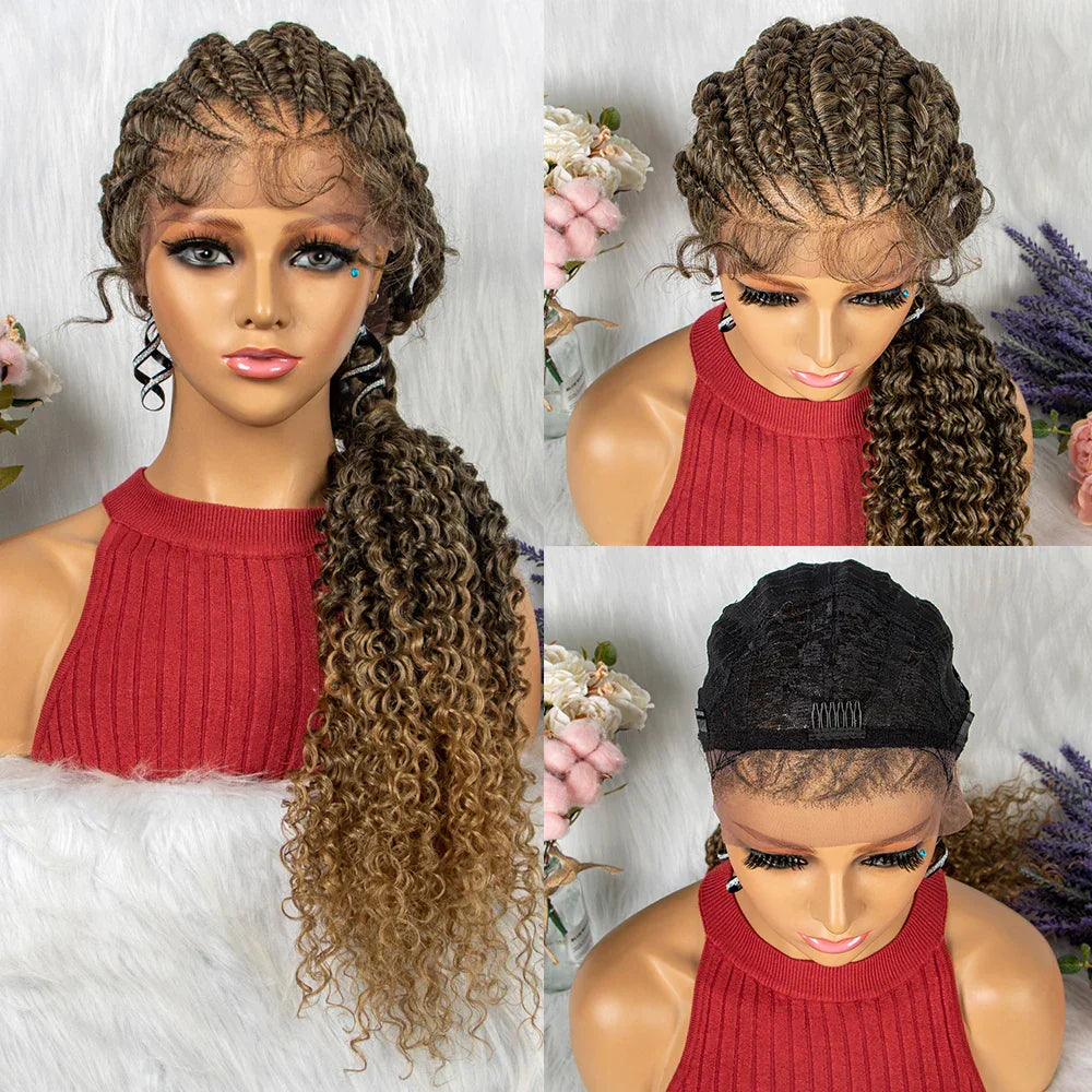 28" Colored Cornrow Braids Wig with Curly Ends | Lace Front | Baby Hair