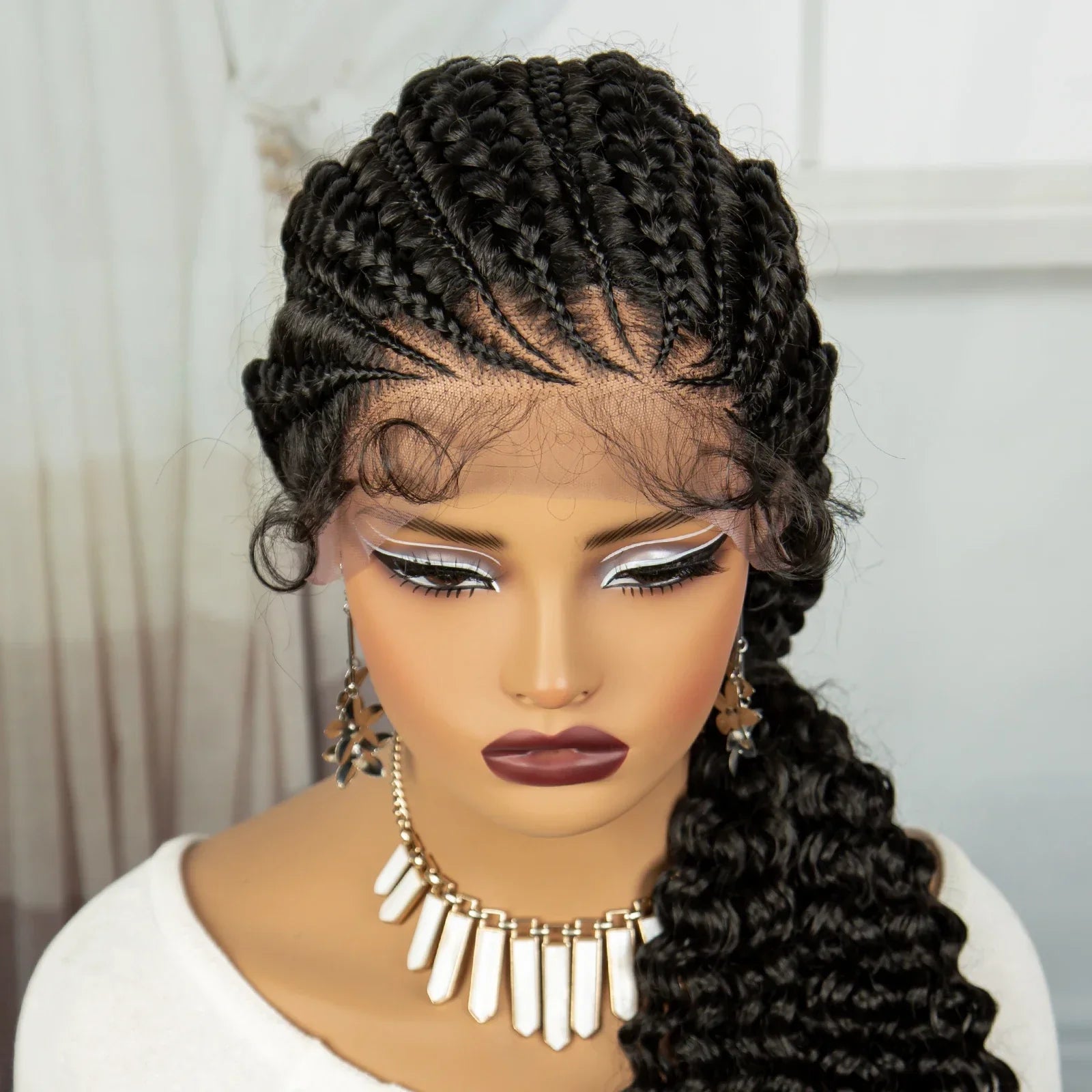 28" Colored Cornrow Braids Wig with Curly Ends | Lace Front | Baby Hair