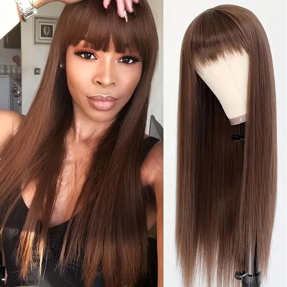 180% Density Ginger Straight Human Hair Wig with Bangs | Full Machine Made Brazilian Hair for Cosplay & Daily Wear