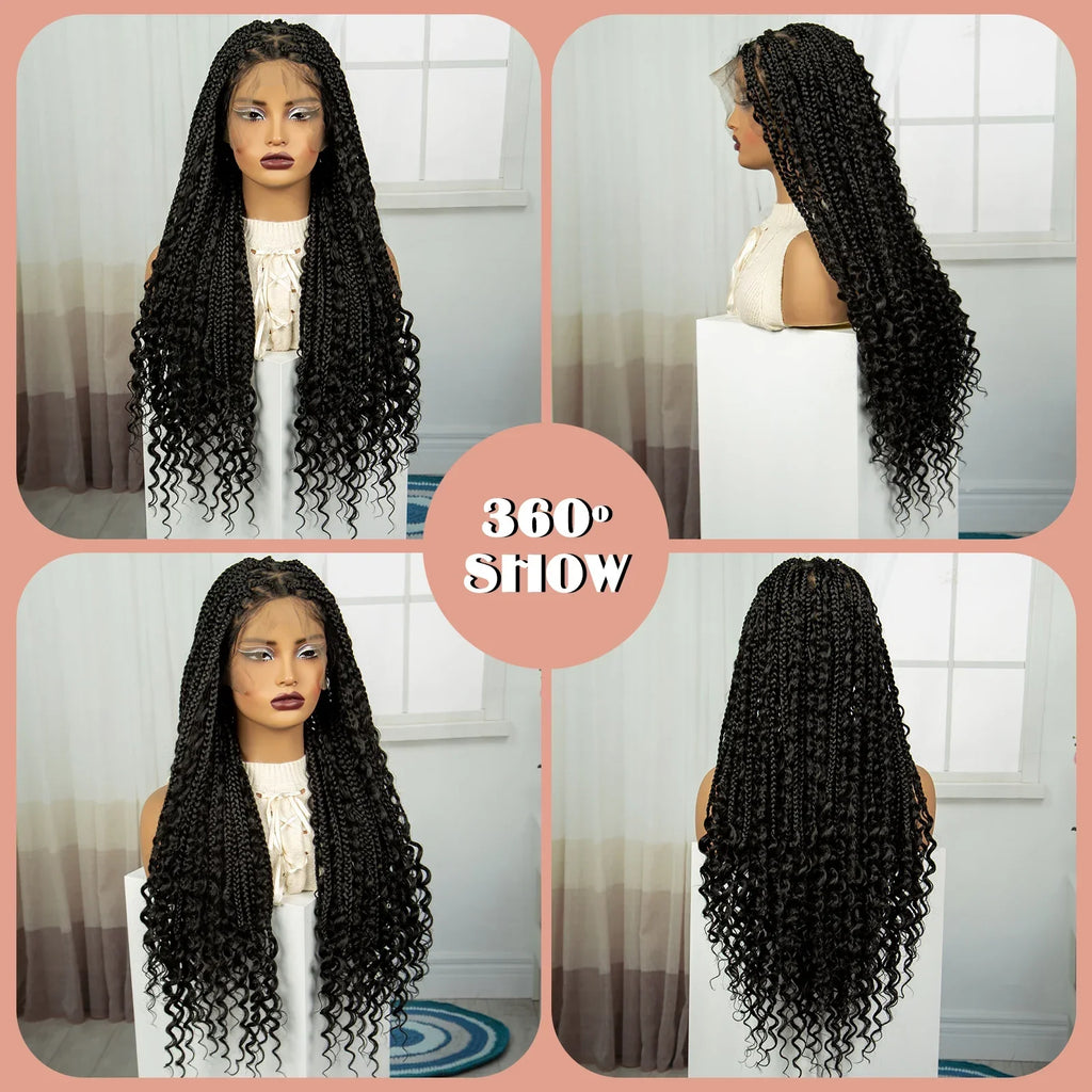 32 Inch Natural Curly Boho Box Braids Wig - Knotless - Full Lace - Synthetic - with Baby Hair