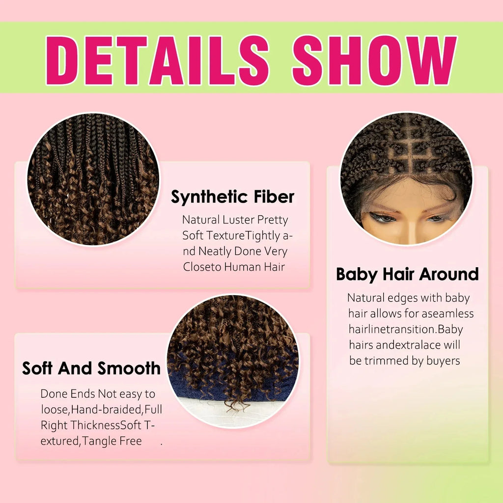 16" Short Brown Box Braided Full Lace Wig | Curly Ends | African Braids | Black Women