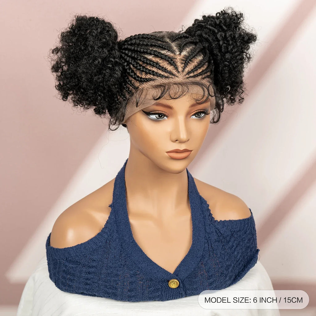 6" Short Afro Curly Wig | Twin Buns | 360 Lace | Cornrows | For Black Women
