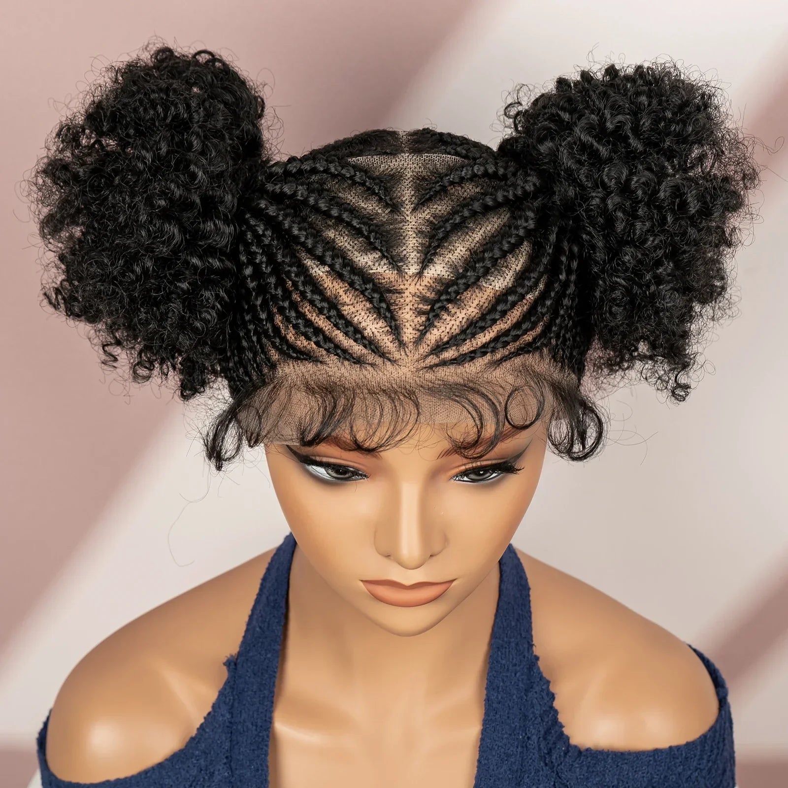 6" Short Afro Curly Wig | Twin Buns | 360 Lace | Cornrows | For Black Women