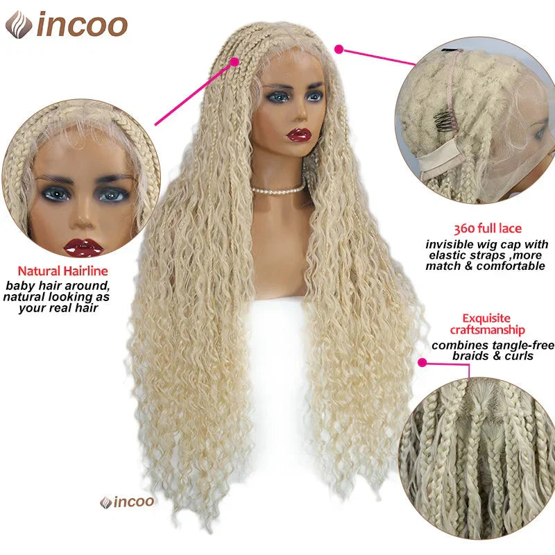 613 Blonde Boho Box Braids Wig | Curly Ends | Full Lace Front | Knotless Goddess Locs | Synthetic Braids