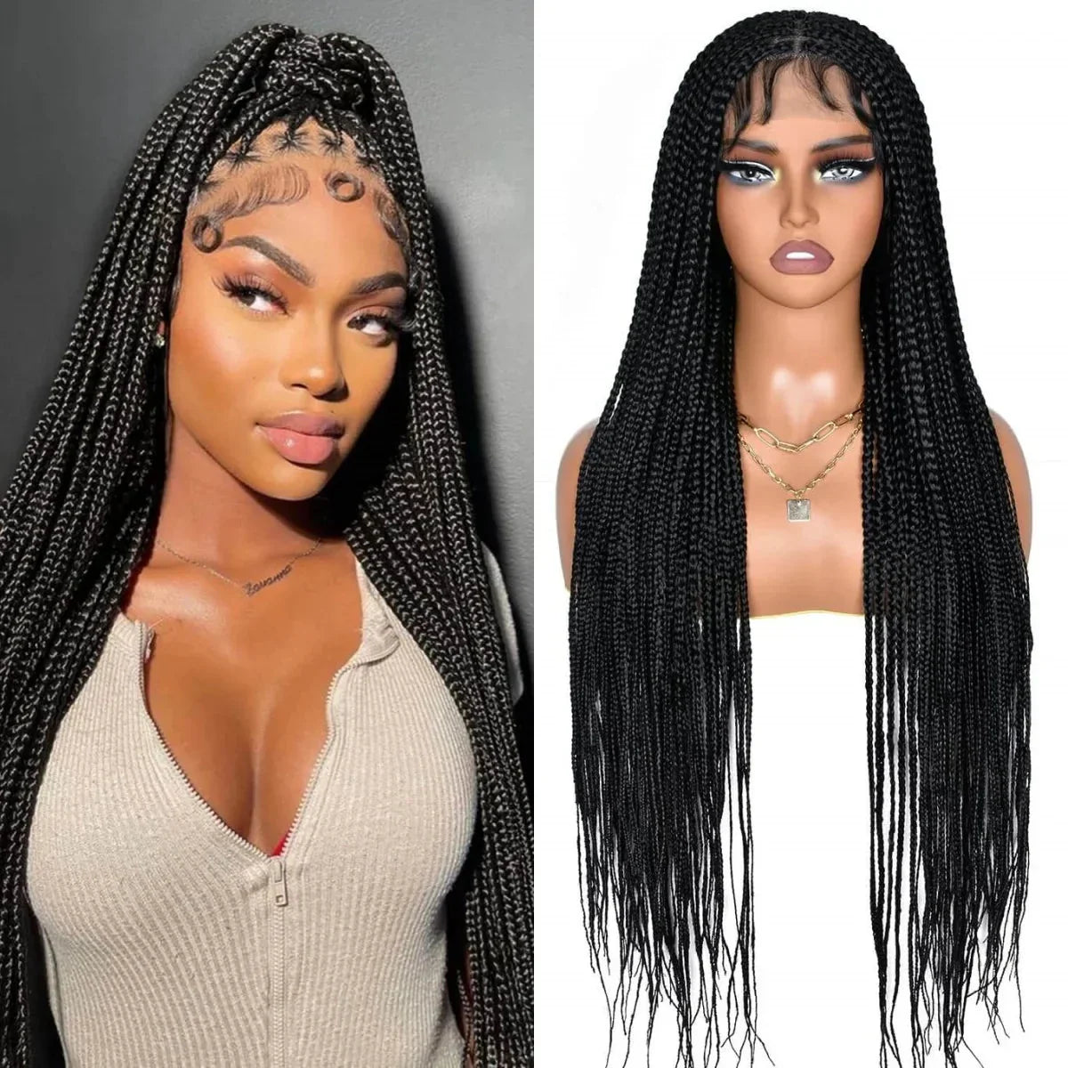 36" Double Lace Front Box Braided Wig | Cornrow Twist | Baby Hair | Synthetic Braids for Black Women