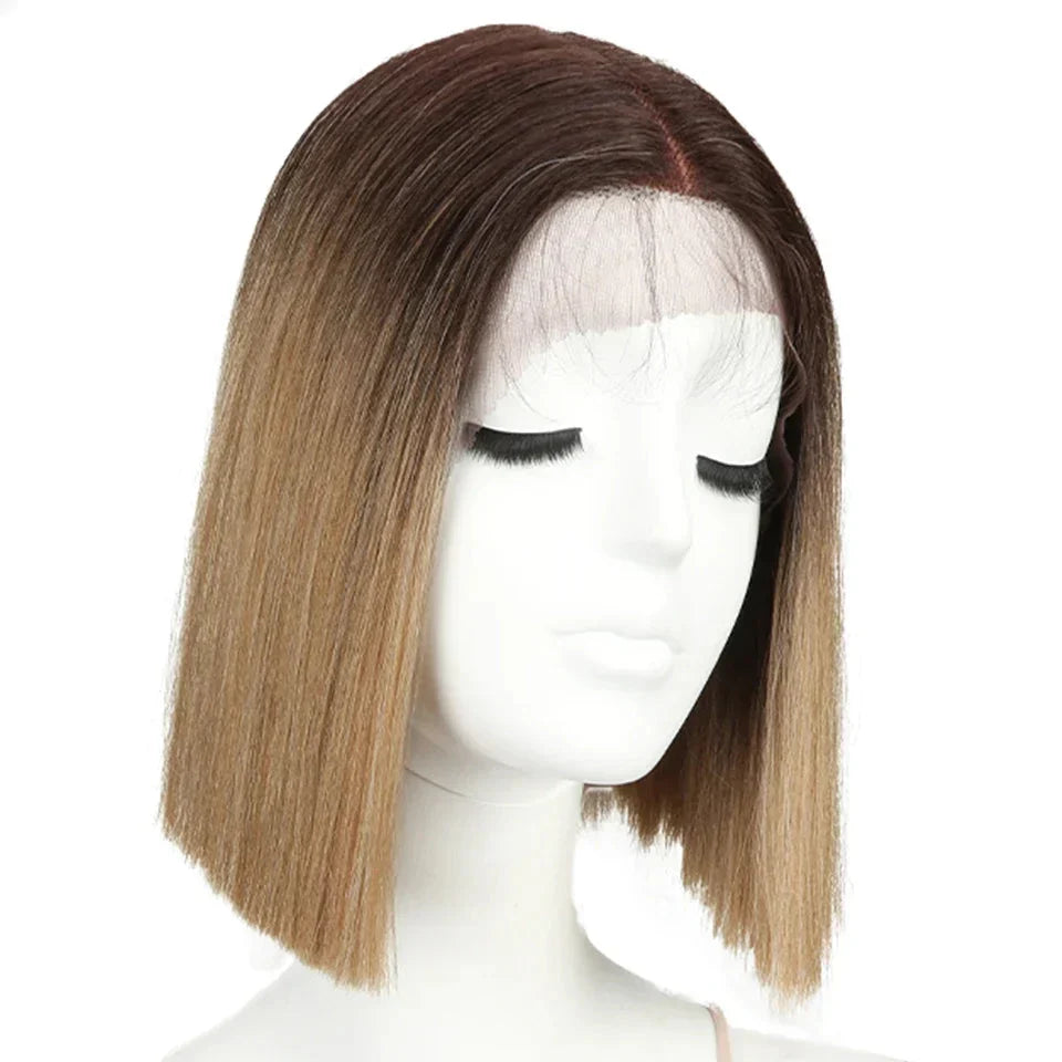 10 Inch Ombre Brown Straight Short Bob Wig | Synthetic Lace Front Wigs for Women (Heat Resistant Fiber, Cosplay & Daily Use)
