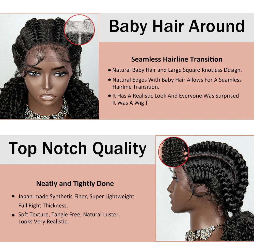 22" Box Braids Full Lace Wig | Two Curly Ponytails | Baby Hair | Synthetic Braided Wig