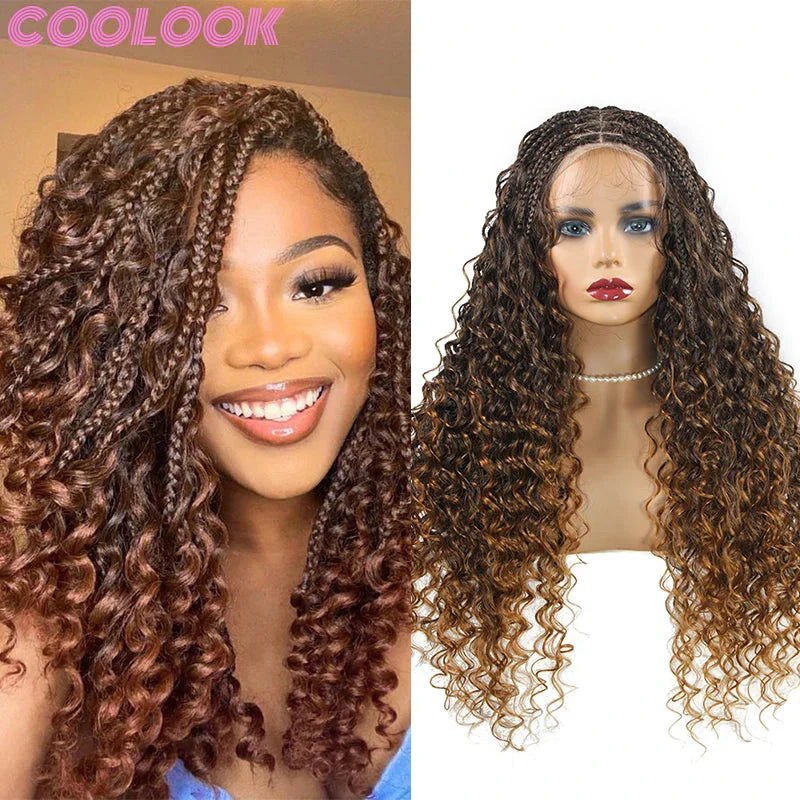 24" Boho Box Braids Lace Frontal Wig | Deep Wave Goddess Braids | Curly Ends | Black Full Lace Synthetic Wig