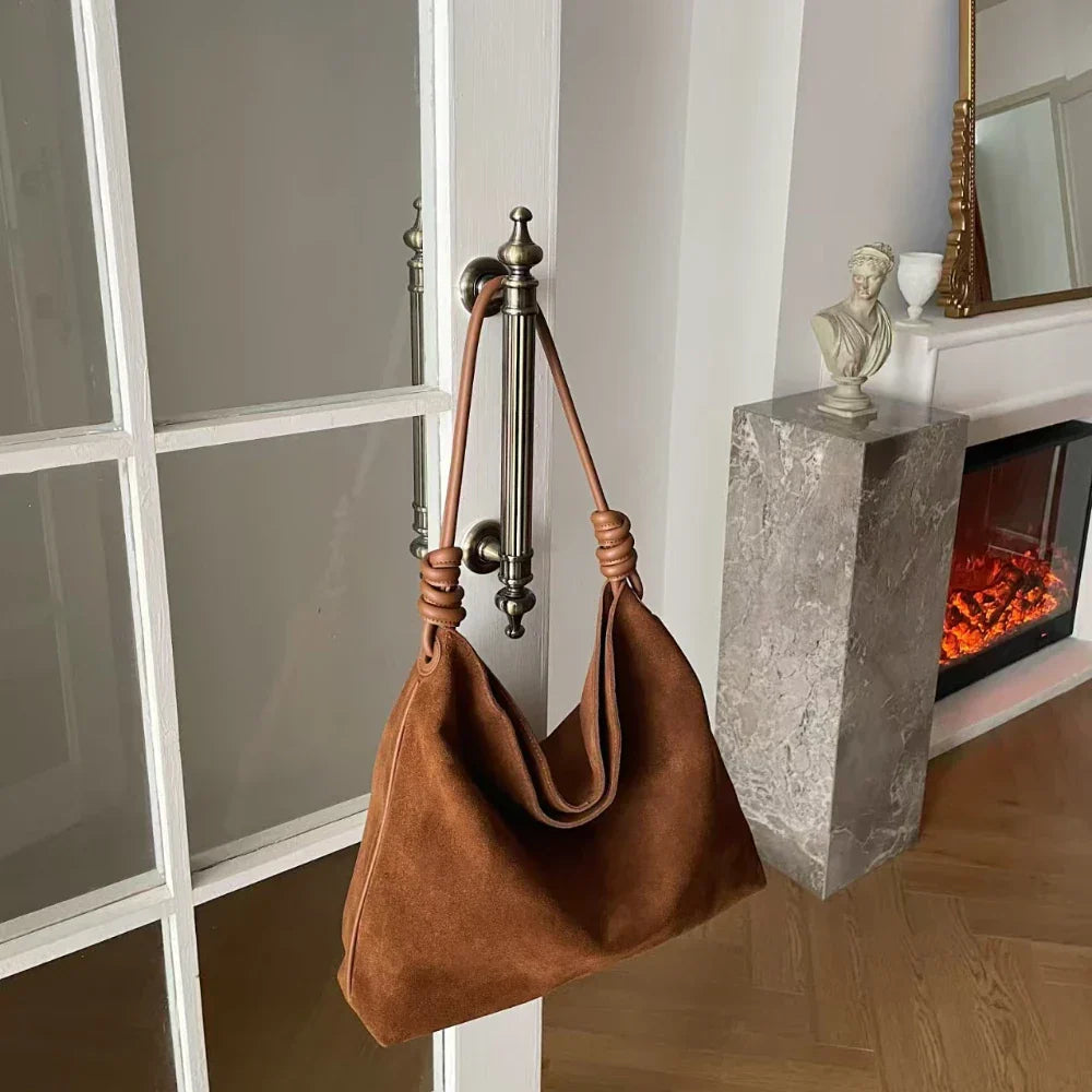 All-Match Chamois Matte Suede Cowhide Leather Tote | Large Capacity Designer Maillard Dressing Coffee Winter Ladies Handbag