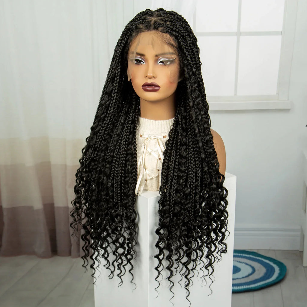 32" Boho Knotless Braids Wig | Natural Curly Ends | Full Lace | Baby Hair