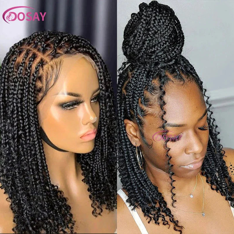 12" Curly Boho Braids Bob Wig | 360 Full Lace | Knotless Box Braids | Baby Hair