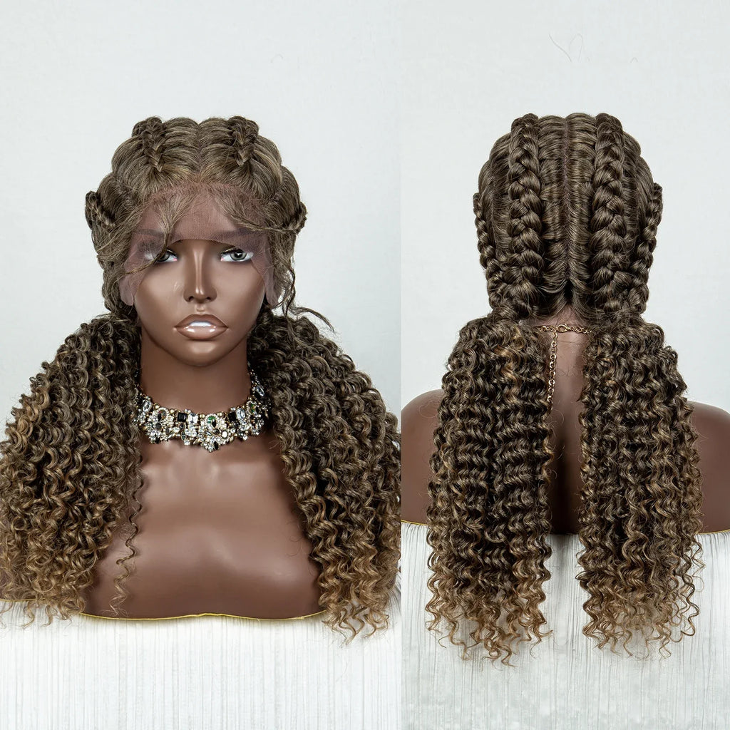 22" Box Braids Full Lace Wig | Two Curly Ponytails | Baby Hair | Synthetic Braided Wig
