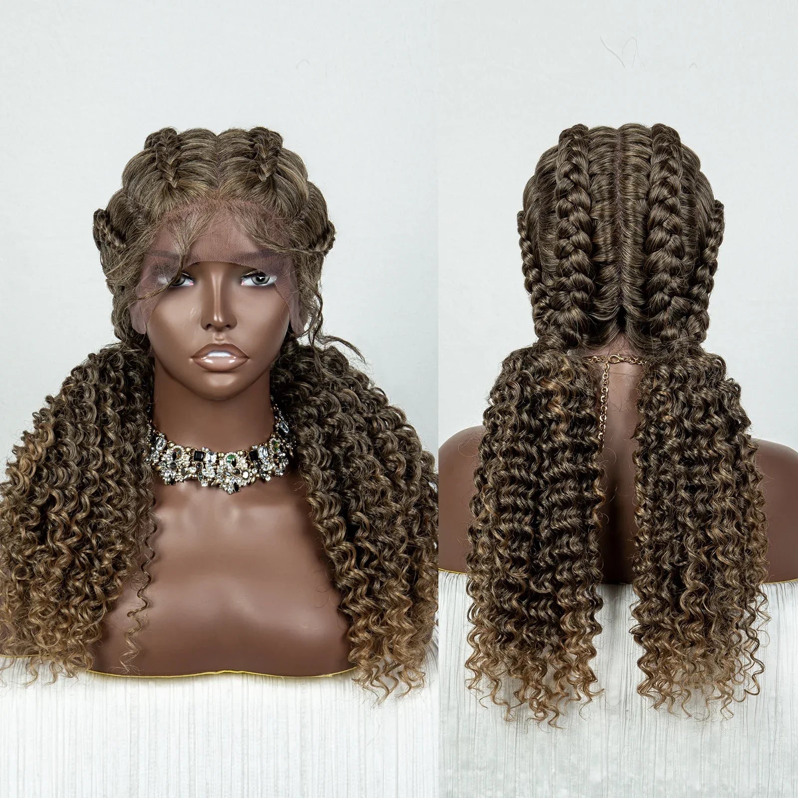 22" Box Braids Full Lace Wig | Two Curly Ponytails | Baby Hair | Synthetic Braided Wig