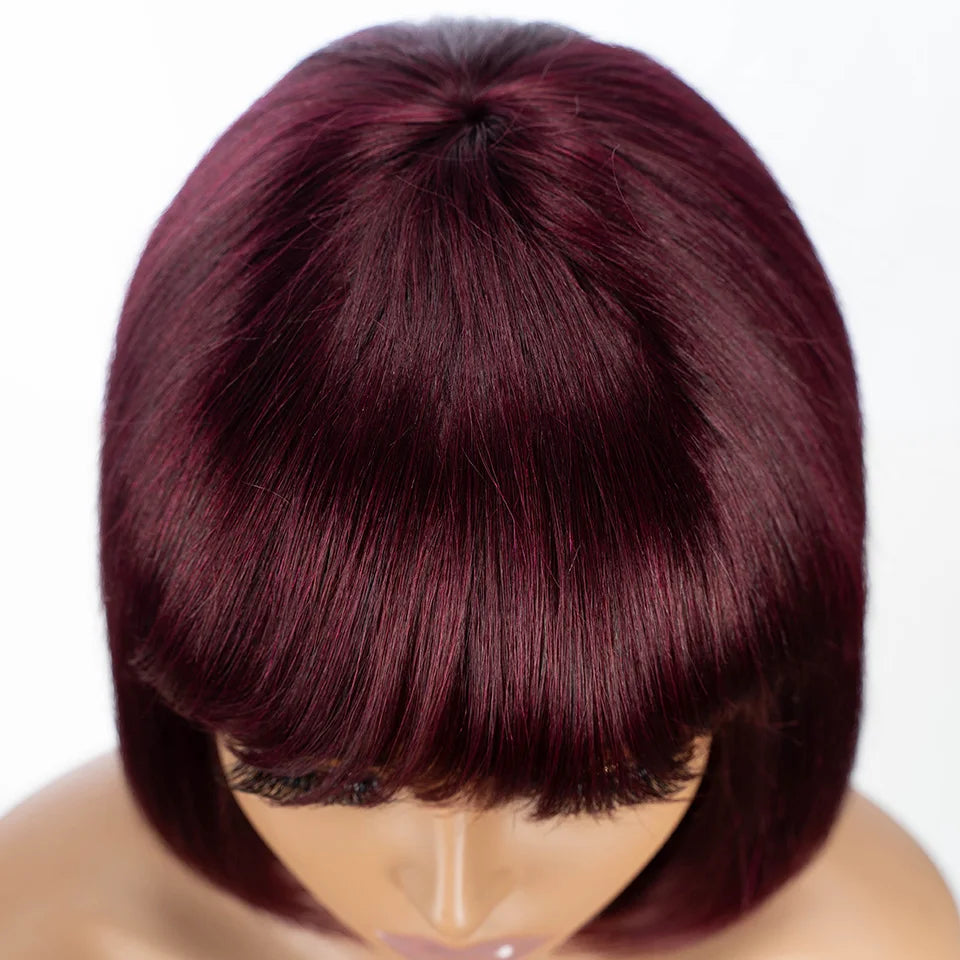 99J Wine Red Straight Bob Wig with Bangs | Full Machine Made Brazilian Remy Human Hair