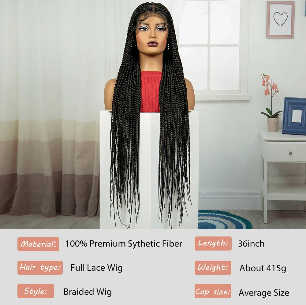 36" HD Full Lace Twisted Box Braids Wig | Long Straight Synthetic Braided Wig with Baby Hair for Black Women