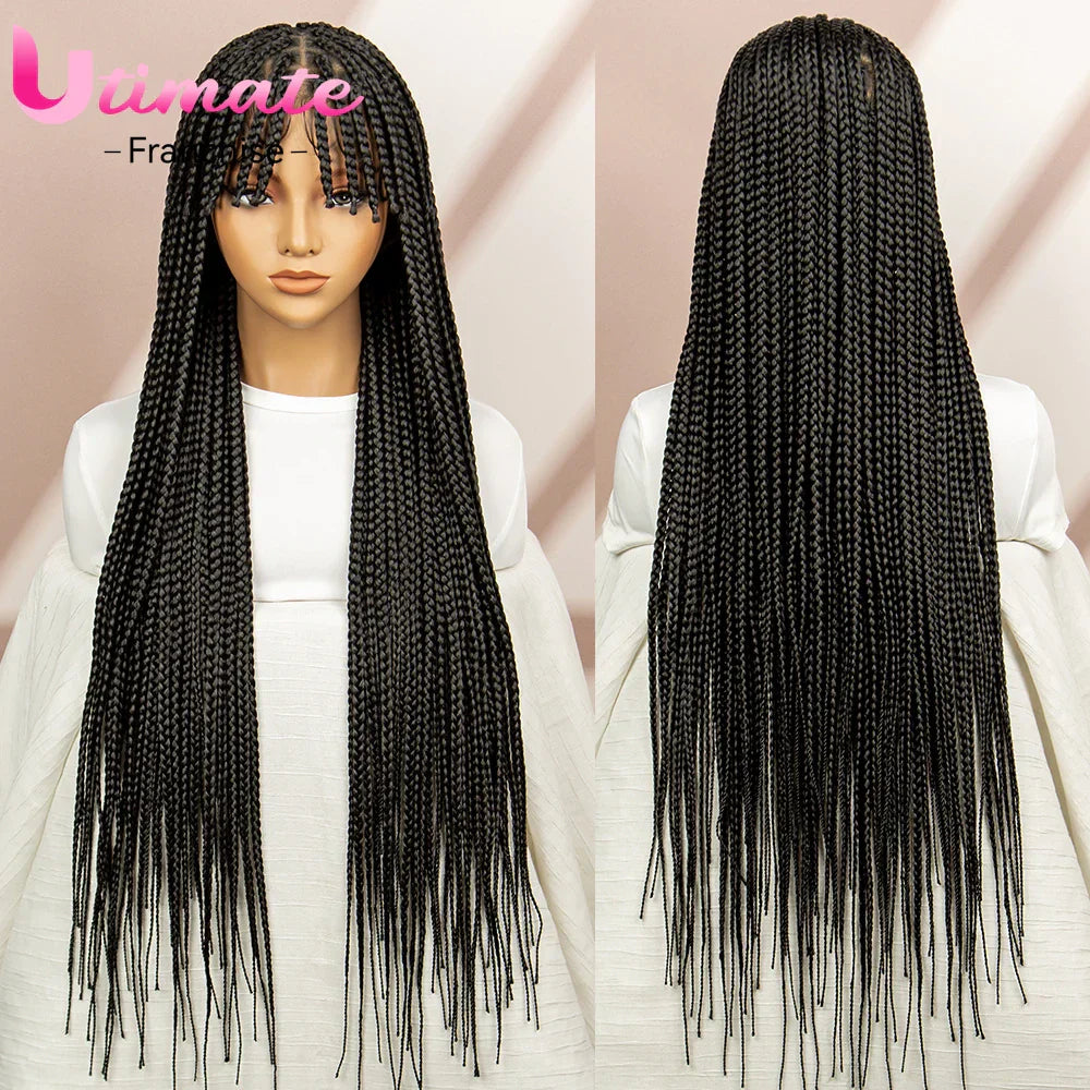 34" Box Braided Full Lace Wig | Braids with Bangs | Synthetic Hair Wig for Black Women | Kanekalon