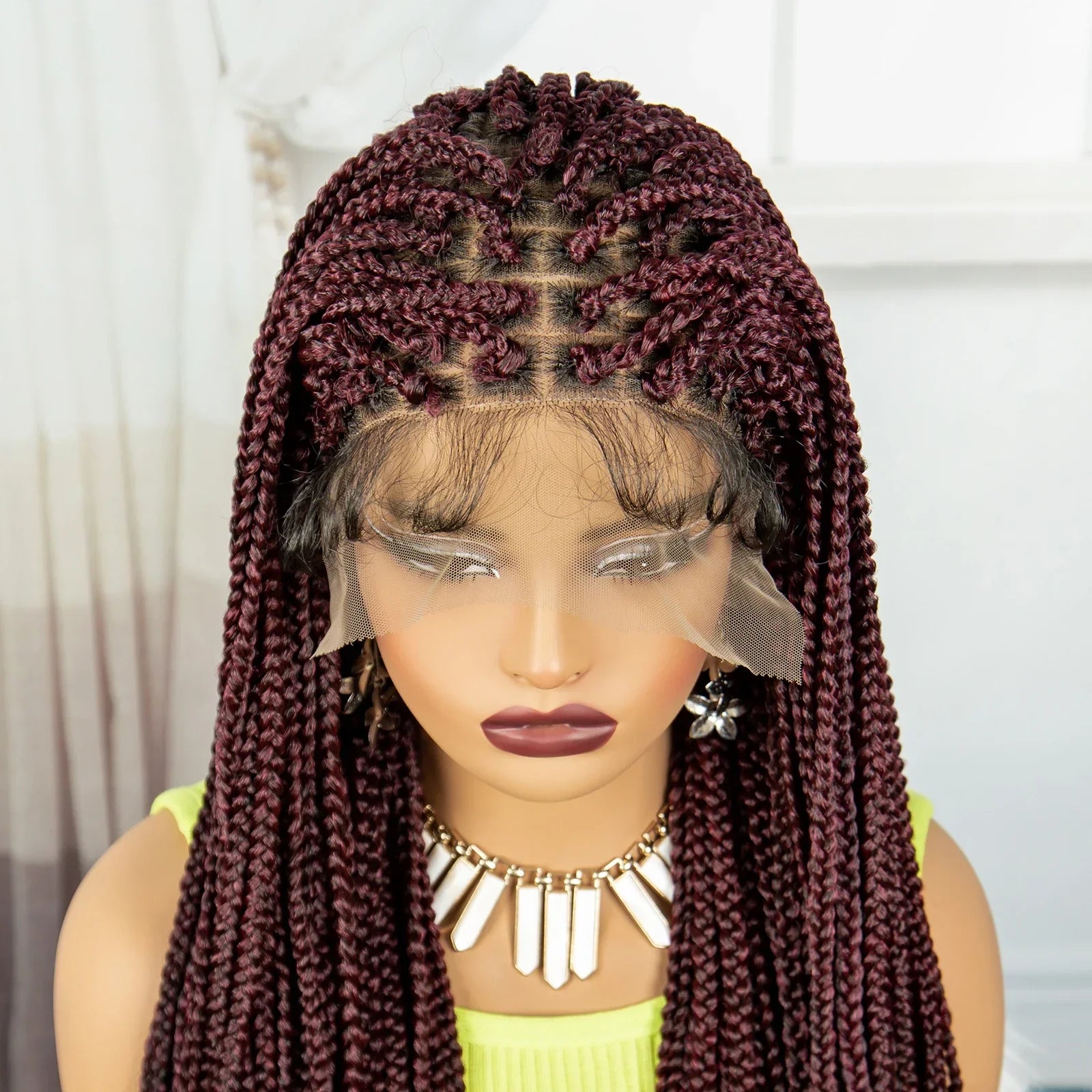 36" Burgundy Knotless Box Braids Wig | 9x6 Lace Front | Baby Hair