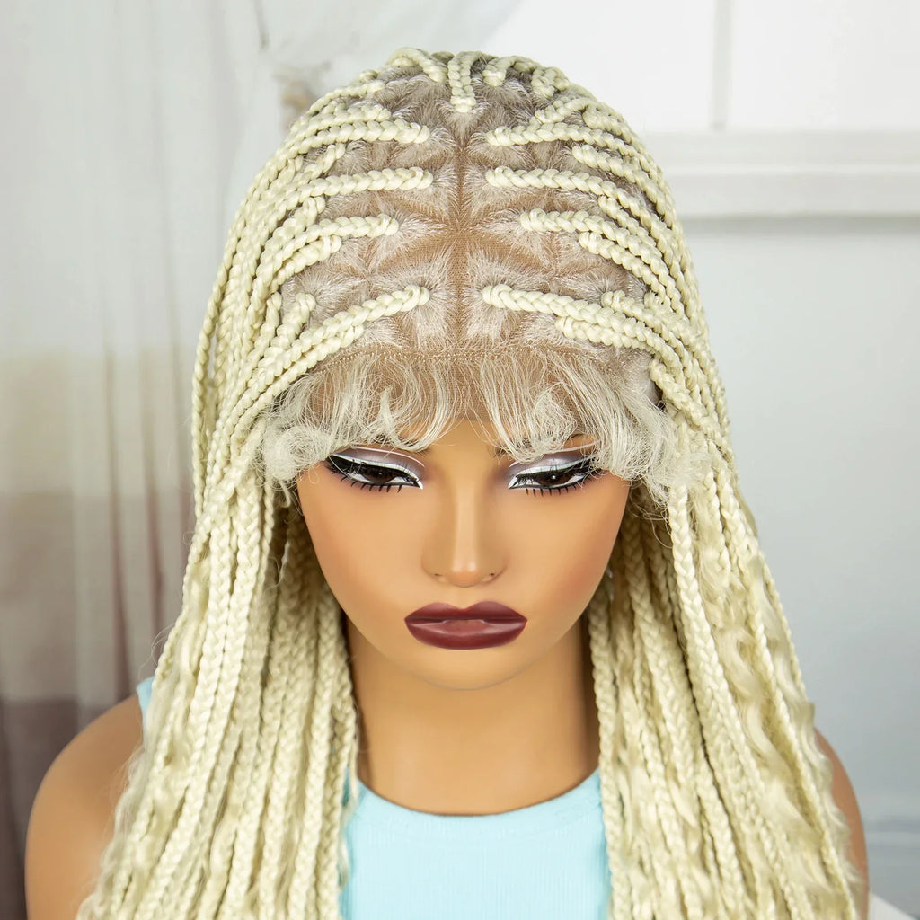 36" Blonde Boho Knotless Braids Wig | Curly Ends | HD Full Lace | Baby Hair