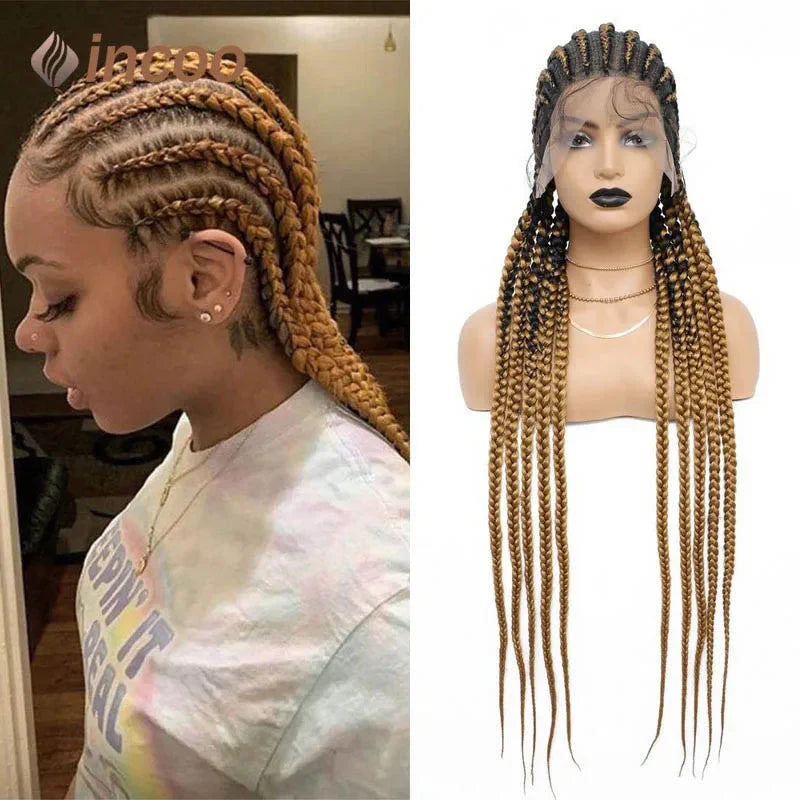 36" Ombre Honey Blonde Box Braids Wig | Full Lace | Cornrow Accents | Black to Blonde