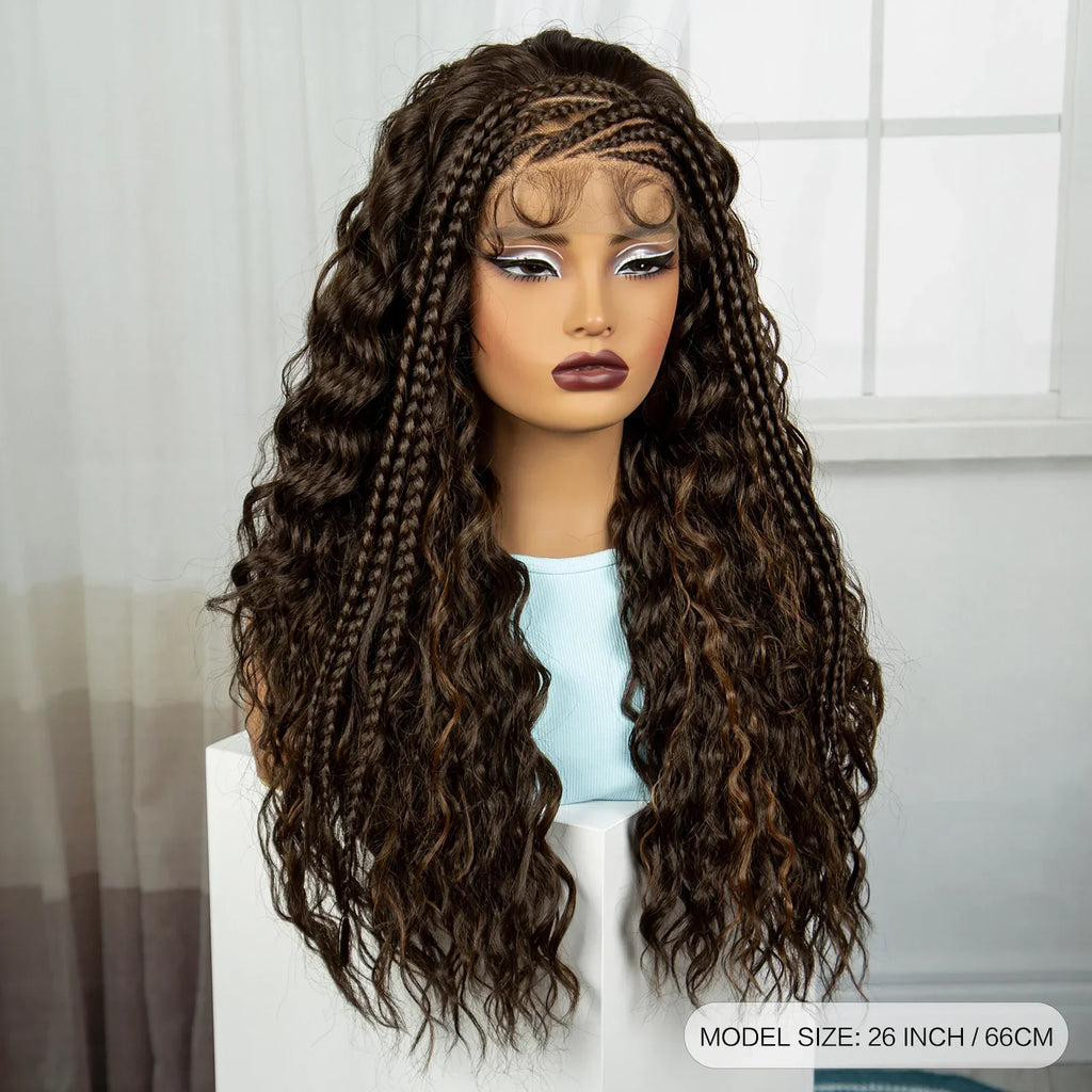 26" Water Wave Knotless Box Braided Wig with Baby Hair | Synthetic Lace Braided Wig for Black Women | 4-30 Ombre