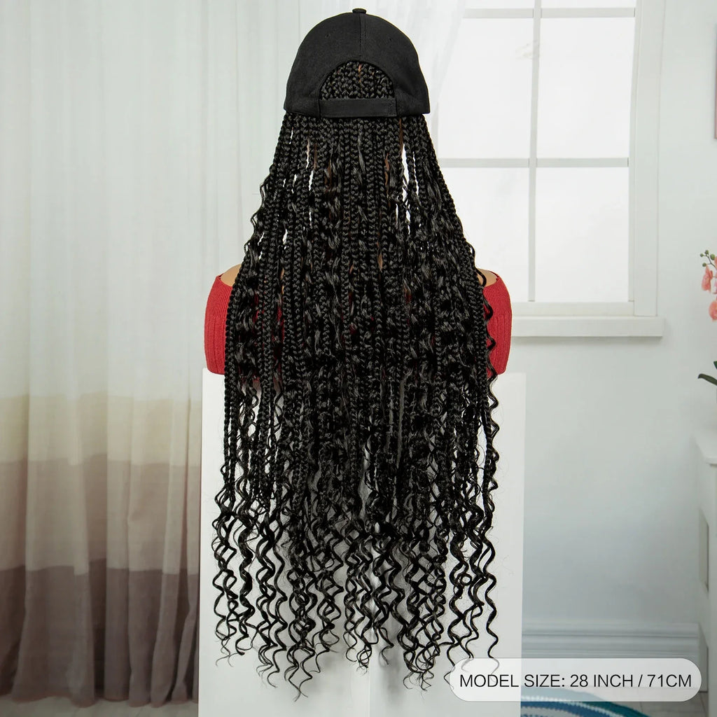 28" Curly Knotless Box Braids Hat Wig | Synthetic Baseball Cap Wig