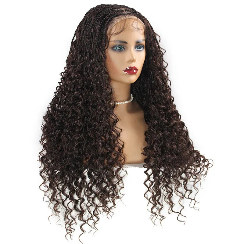 24" Boho Box Braids Lace Frontal Wig | Deep Wave Goddess Braids | Curly Ends | Black Full Lace Synthetic Wig