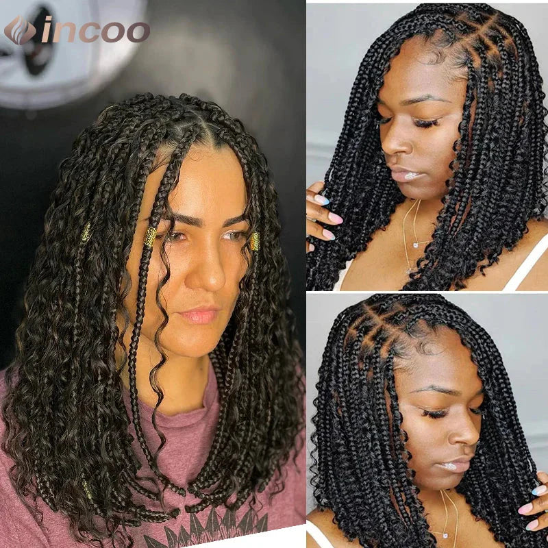 12" Boho Bob Braided Wig | Goddess Knotless Braids | 360 Full Lace | Curly Ends | Baby Hair