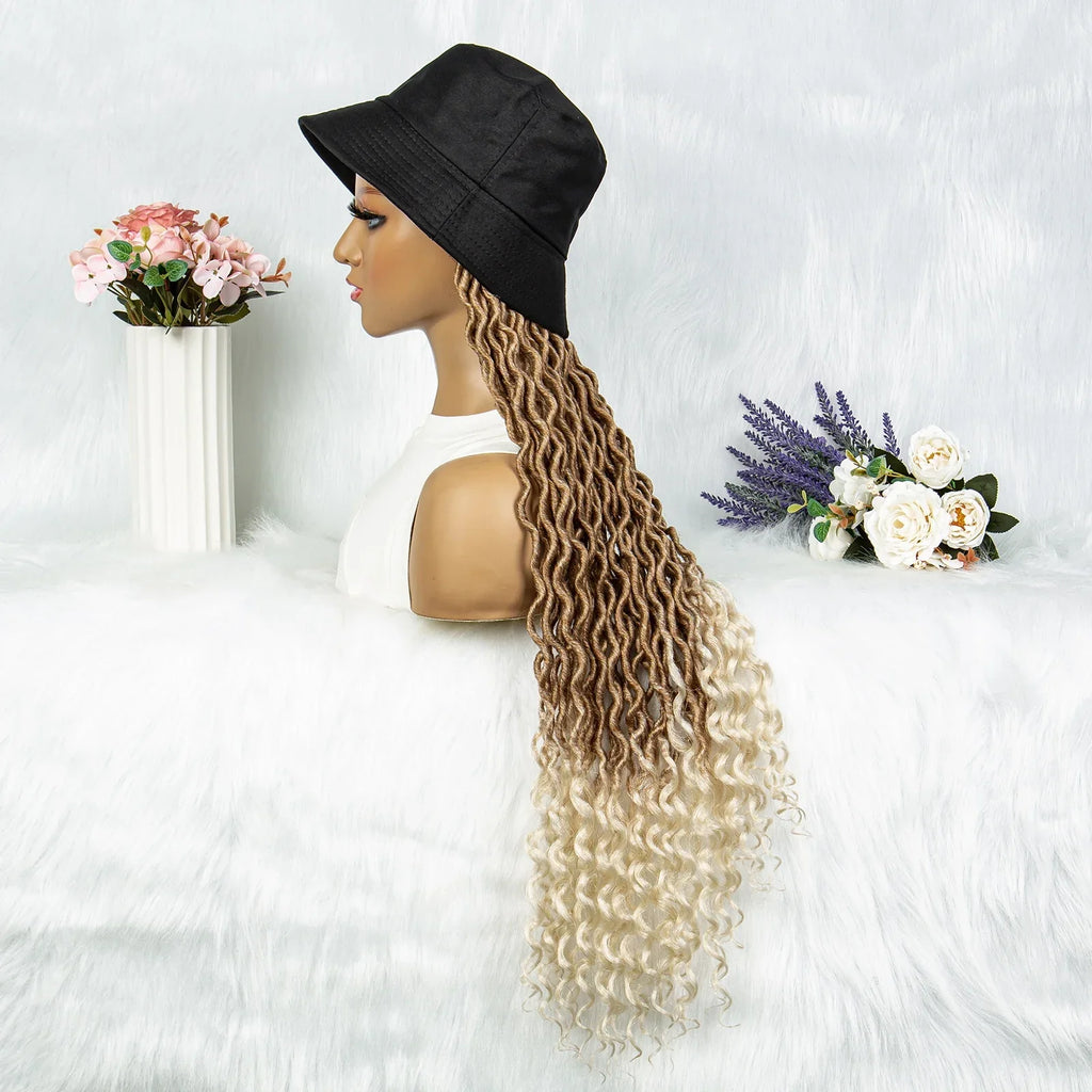 30" Crochet Afro Dreadlocks Bucket Hat Wig | Synthetic Braided Hair | Curly Ends | Black Women