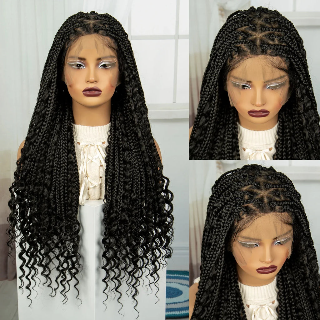 32 Inch Natural Curly Boho Box Braids Wig - Knotless - Full Lace - Synthetic - with Baby Hair