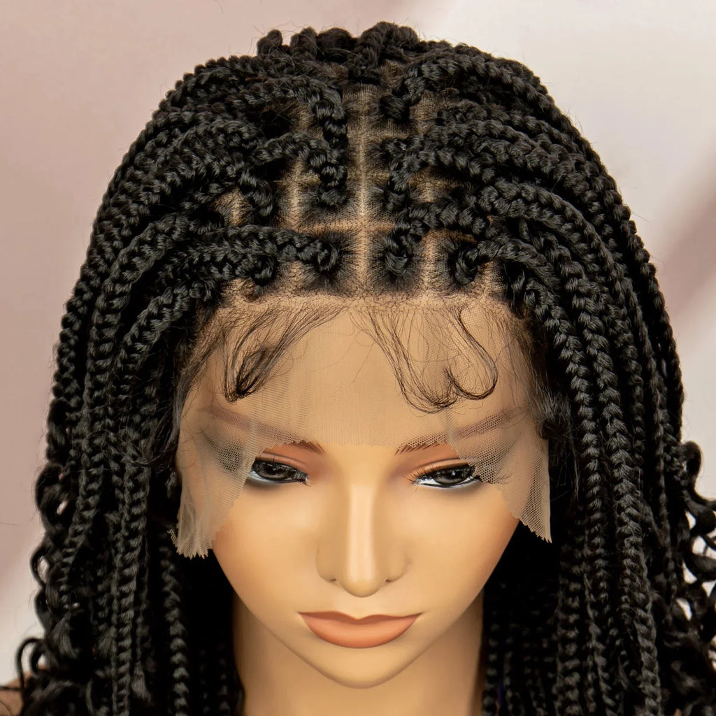 16" Short Brown Box Braided Full Lace Wig | Curly Ends | African Braids | Black Women