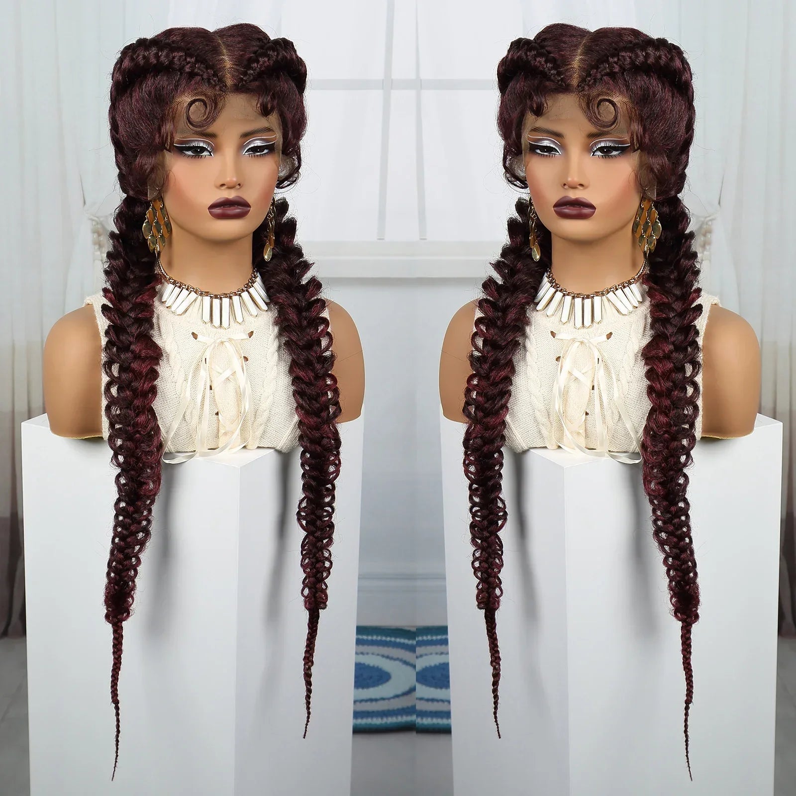 36" Burgundy Twist Cornrow Braids Wig | 99J | Lace Frontal | Baby Hair