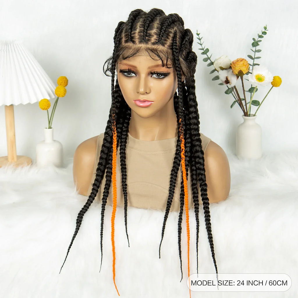 24" Full Lace Cornrow Braided Wig | Orange Boho Braids | Synthetic Lace Wig | Black Women