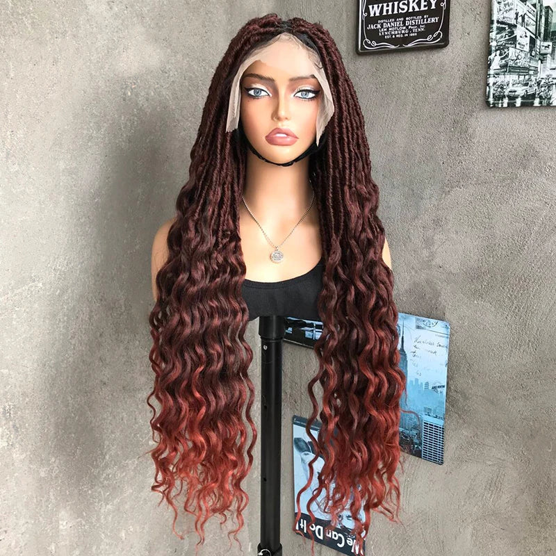 22" Curly End Box Braided Full Lace Front Wig | Goddess Locs | Bohemian Braids | Synthetic Wig