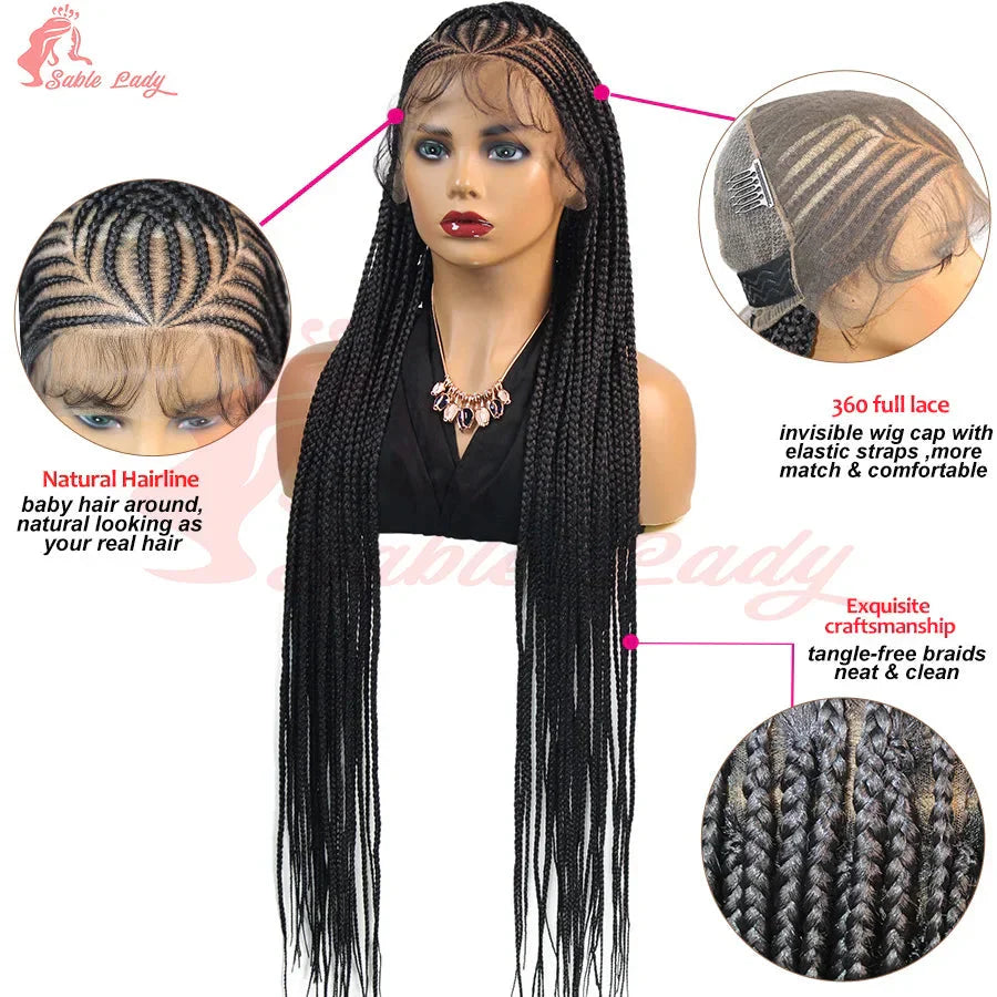 36" Knotless Box Braids Wig | Fulani Cornrows | 360 Full Lace | Baby Hair | Black Women