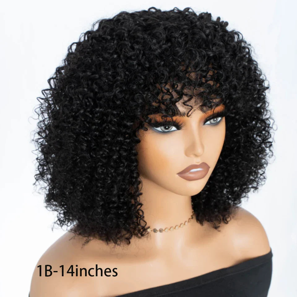 200% Density Short Afro Kinky Curly Human Hair Wig with Bangs | Sassy Fluffy Natural Growth Full Machine Made Wigs