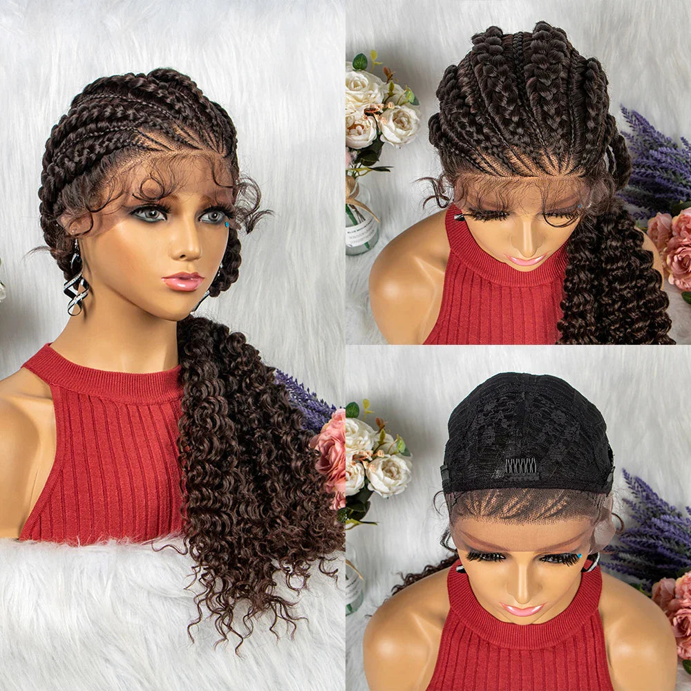 28" Knotless Cornrow Braids Wig with Curly Ends | Transparent Lace Front | Baby Hair