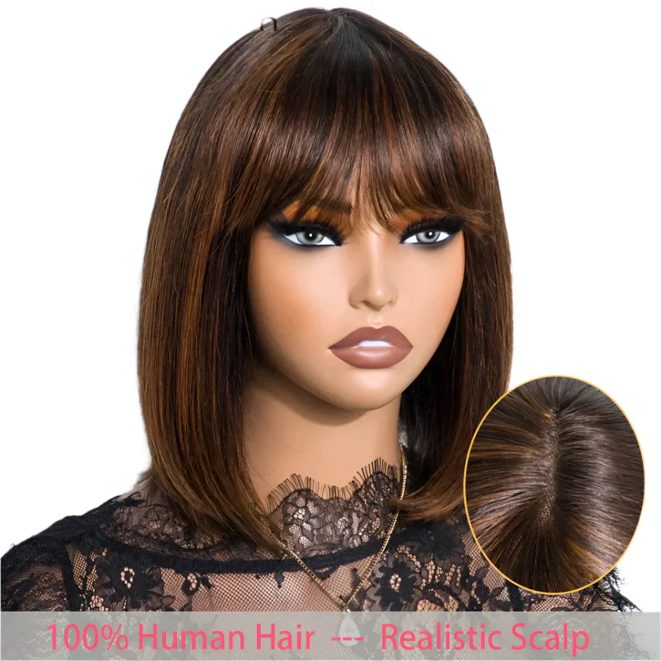 #27 Brown Straight Bob Wig with Bangs | Human Hair Lace Top & Realistic Scalp
