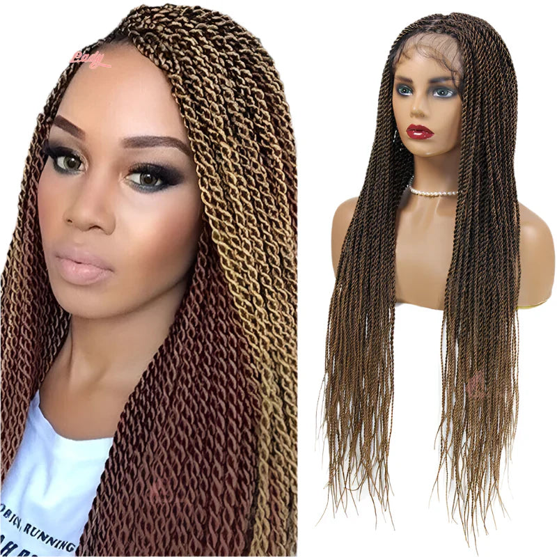 36" Senegalese Twist & Knotless Box Braids Full Lace Braided Wig - #27 Blonde, Cornrow Accents