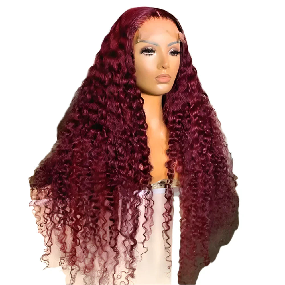 30" Curly Burgundy & Chocolate Brown 13x6 HD Lace Frontal Wig | 99J Colored Human Hair Wig for Women | Deep Wave