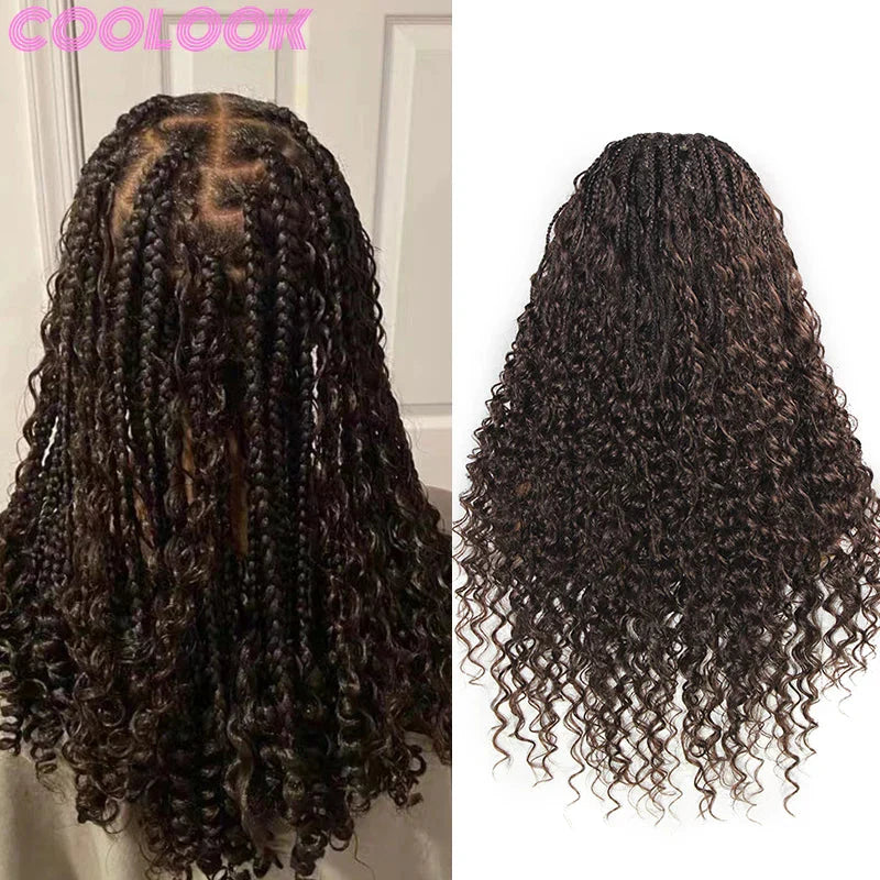 24" Boho Box Braids Lace Frontal Wig | Deep Wave Goddess Braids | Curly Ends | Black Full Lace Synthetic Wig